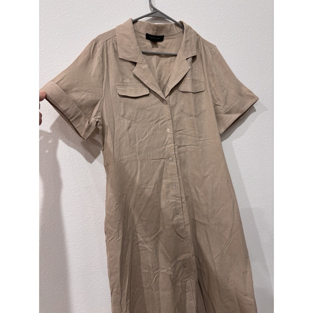 Tahari XL Linen Blend Beige Belted Utility Shirt Dress Short Sleeve Cuffed - Picture 3 of 16